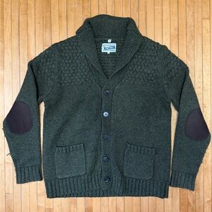 Schott Bros Shawl Collar Green Cardigan Wool Blend Elbow Patch Chunky Sz. XXL